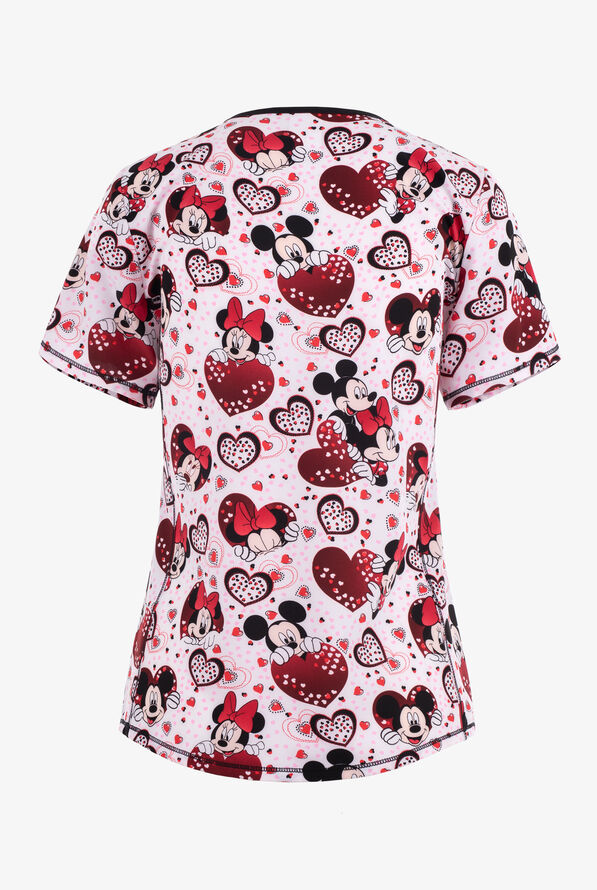 Tooniforms Mickey and Minnie Mouse Hearts To You Women's 2-Pocket STRETCH V-Neck Print Scrub Top - null - 2
