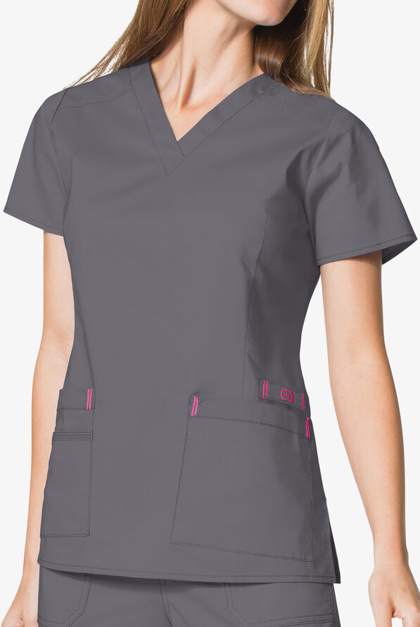 WonderWink WonderFLEX Verity Women's 4-Pocket STRETCH Cotton Rich V-Neck Scrub Top - Pewter/Papaya - 3
