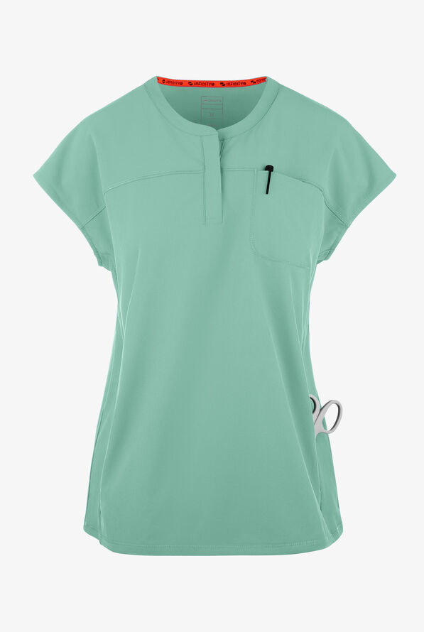 Infinity GNR8 Women's 3-Pocket STRETCH Rib-Knit Dolman Sleeve Zip Placket Round Neck Scrub Top - Matcha Latte - 1