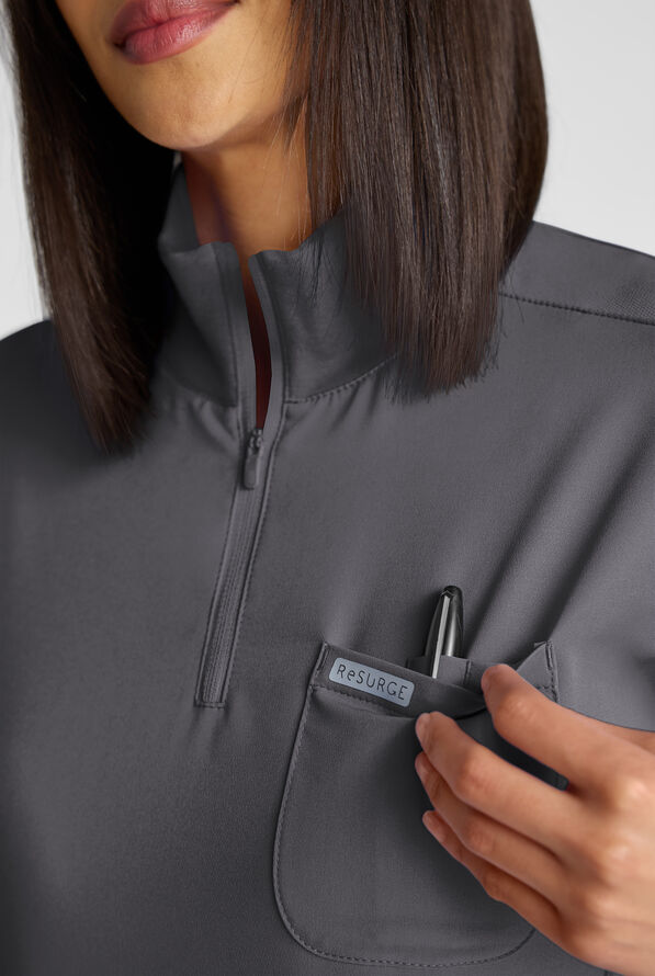 ReSurge Rhine Women's 5-Pocket Oversized Half Zip Stand Collar Scrub Top - Pewter - 4