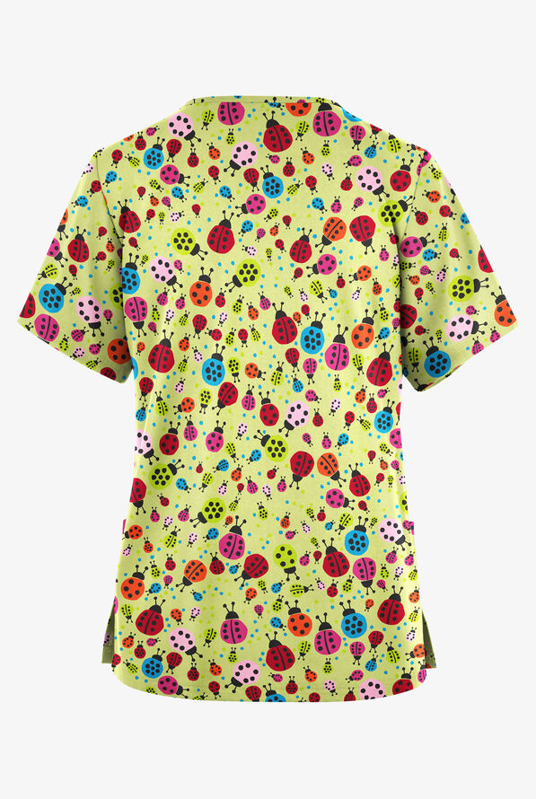 Butter-Soft Originals Ladybug Party Cool Matcha Women's 2-Pocket V-Neck Print Scrub Top - null - 2