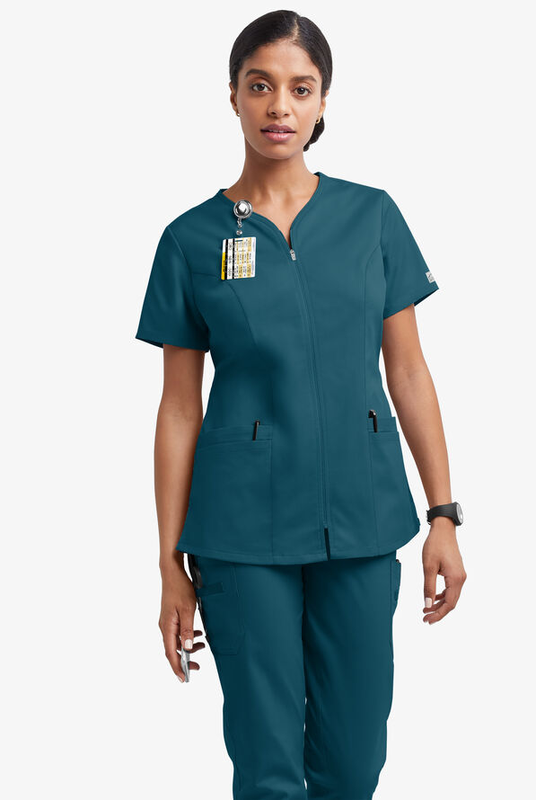 Butter-Soft STRETCH Women's 4-Pocket Smooth Face Zipper Scrub Top - Caribbean Blue - 2