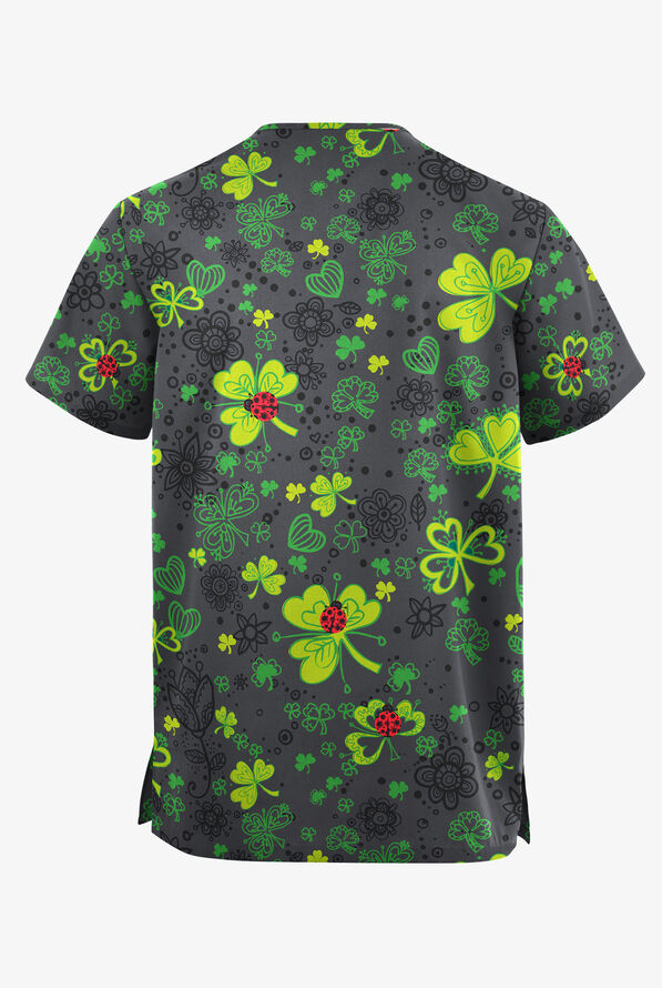 Butter-Soft Originals Ladies & Clovers Pewter Unisex 2-Pocket V-Neck Print Scrub Top - null - 2