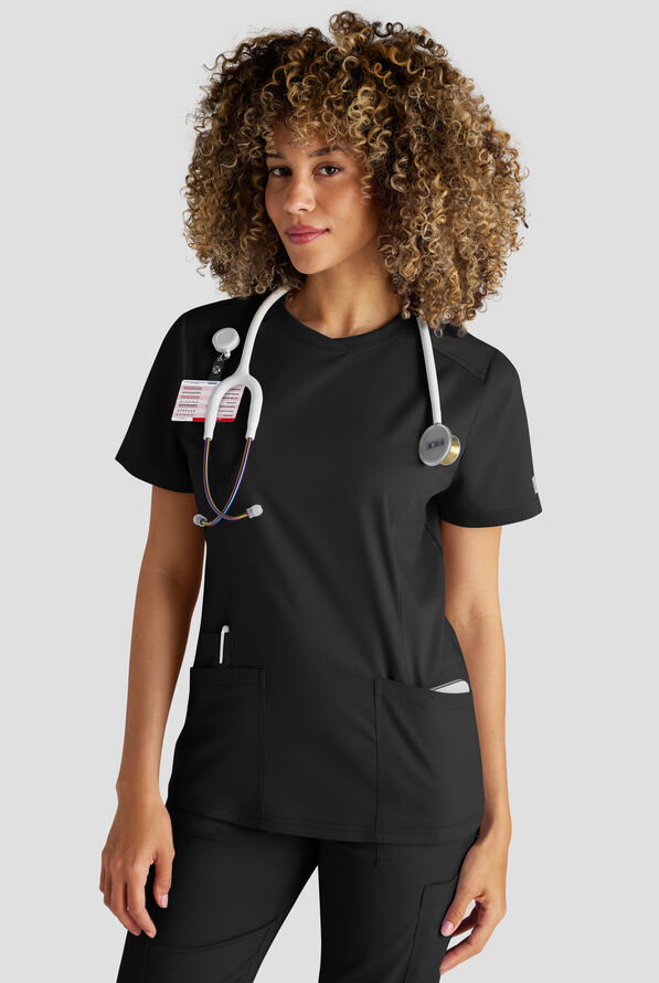 Butter-Soft STRETCH FLXTEK+ Women's 3-Pocket Crew Neck Scrub Top - Black - 1