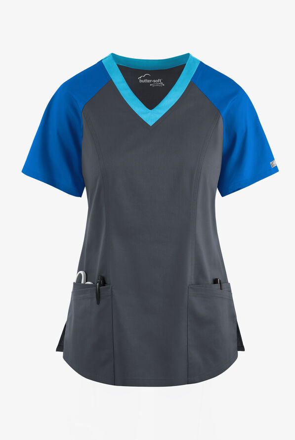 Butter-Soft STRETCH Women's 5-Pocket Active Color Block Scrub Top - Pewter/Royal/Turquoise - 1
