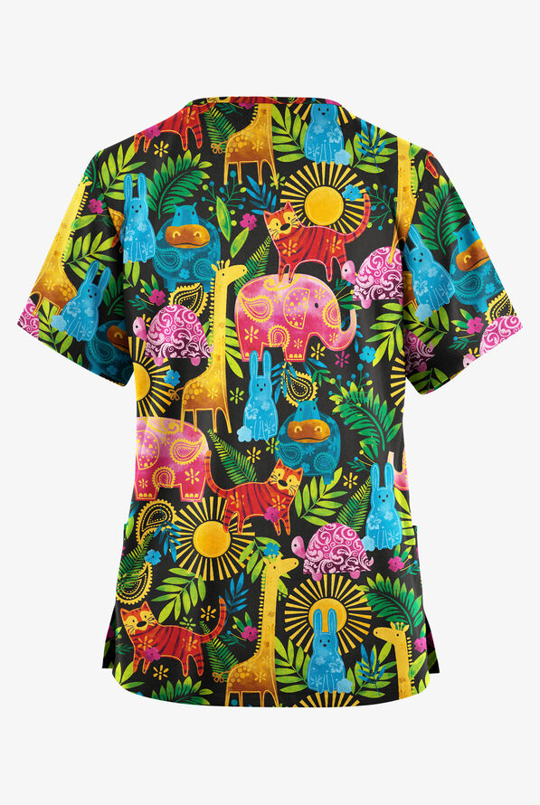 Butter-Soft Originals Safari Friends Black Women's 2- Pocket V-Neck Print Scrub Top - null - 2
