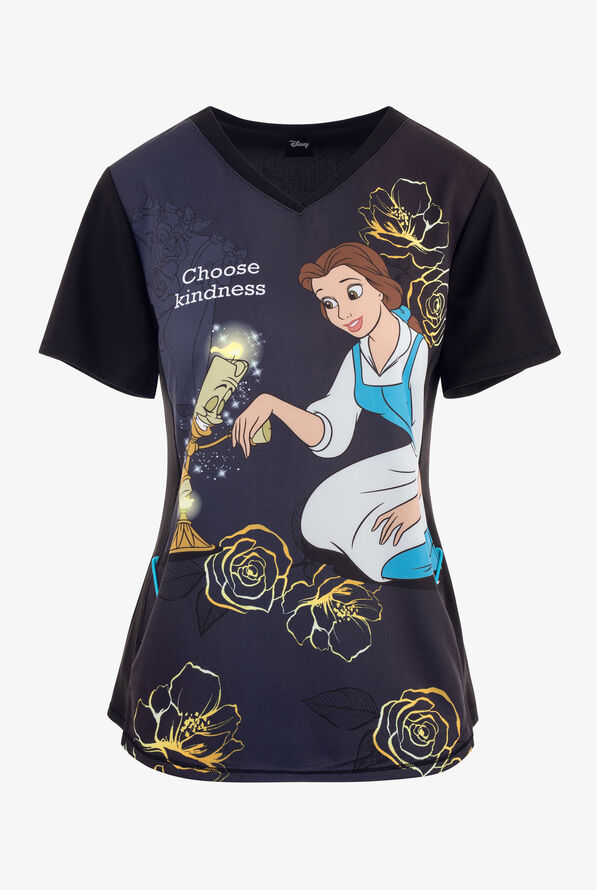 Tooniforms Disney's Belle Choose Kindness Women's 1-Pocket STRETCH V-Neck  Print Scrub Top - null - 1
