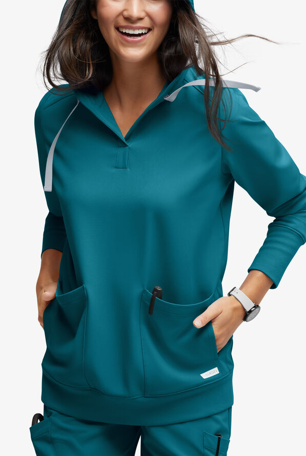 Sudadera médica con capucha ReSurge Jasper con mangas largas y 4 bolsillos para mujer - Caribbean Blue - 3