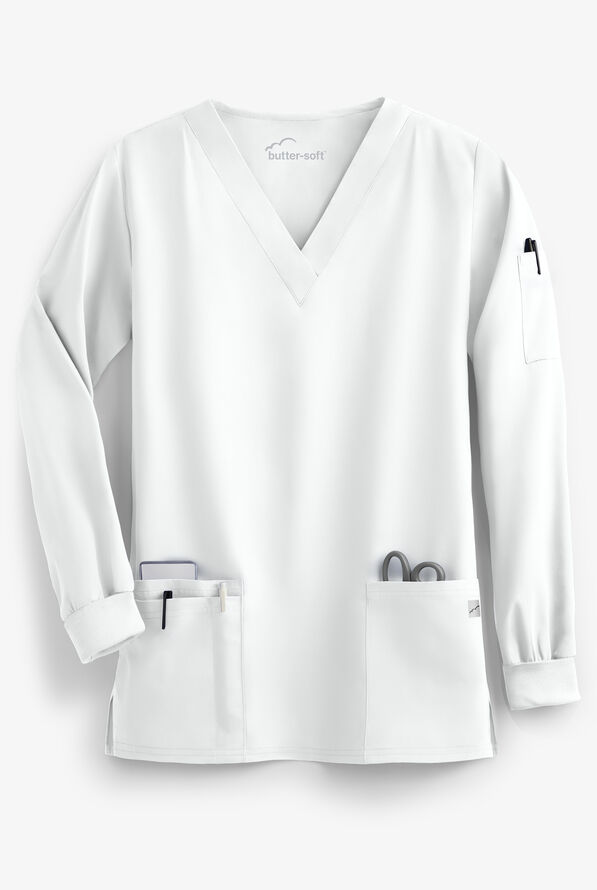 Butter-Soft Core Unisex 5-Pocket Long Sleeve Scrub Top - White - 1