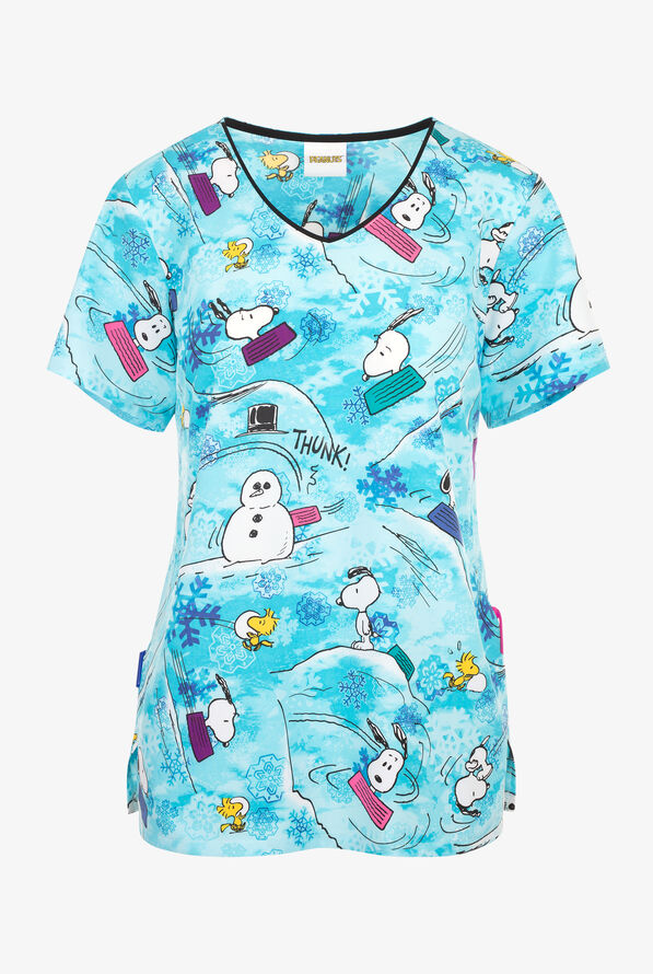 Tooniforms Peanuts Sledding Snoopy Women's 2-Pocket STRETCH V-Neck Print Scrub Top - null - 1
