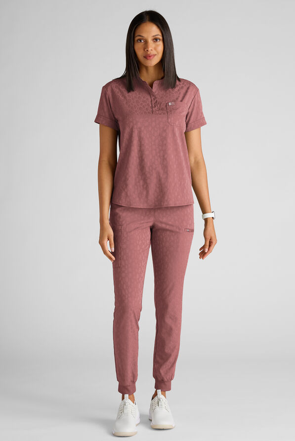 Easy STRETCH Olivia Women's Jacquard 7-Pocket Slim Leg Jogger Scrub Pant - Soft Chestnut - 5