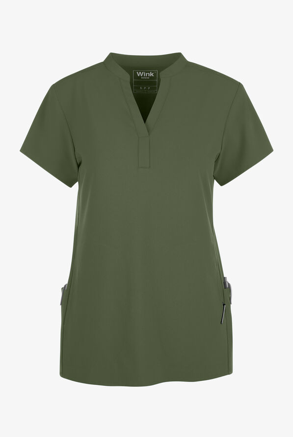 Wink Renew Women's 4-Pocket STRETCH Mandarin Collar Scrub Top - Olive - 1