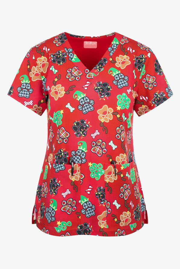 Zavate Ava Therese Holiday Paws Women's 2-Pocket Print Scrub Top