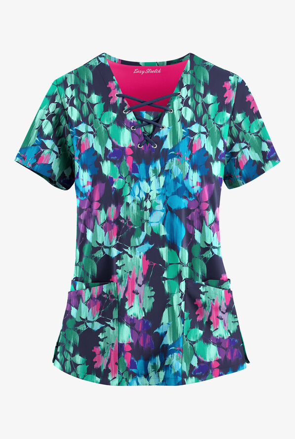 Blusa médica estampada Easy STRETCH Magical Garden Navy con cordones en el cuello en V y 4 bolsillos para mujer - null - 1