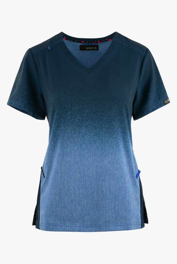 koi Basics Navy/Heather Ombre Women's 2-Pocket STRETCH V-Neck Print Scrub Top - null - 1