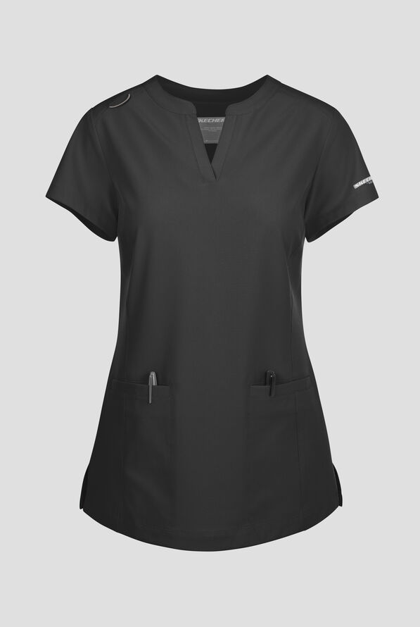 Skechers by Barco Coast Women's 2-Pocket STRETCH Banded Collar V-Placket Scrub Top - Black - 1