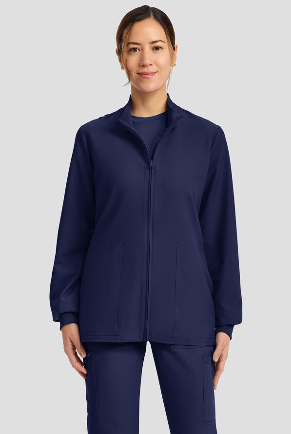 Cherokee Workwear Originals Ultra Women's 2-Pocket Crew Neck Zip Front Scrub Jacket - Navy - 2