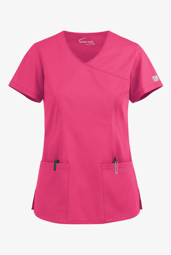 Butter-Soft STRETCH Women's 3-Pocket V-Neck Mock Wrap Scrub Top - Fuchsia - 1