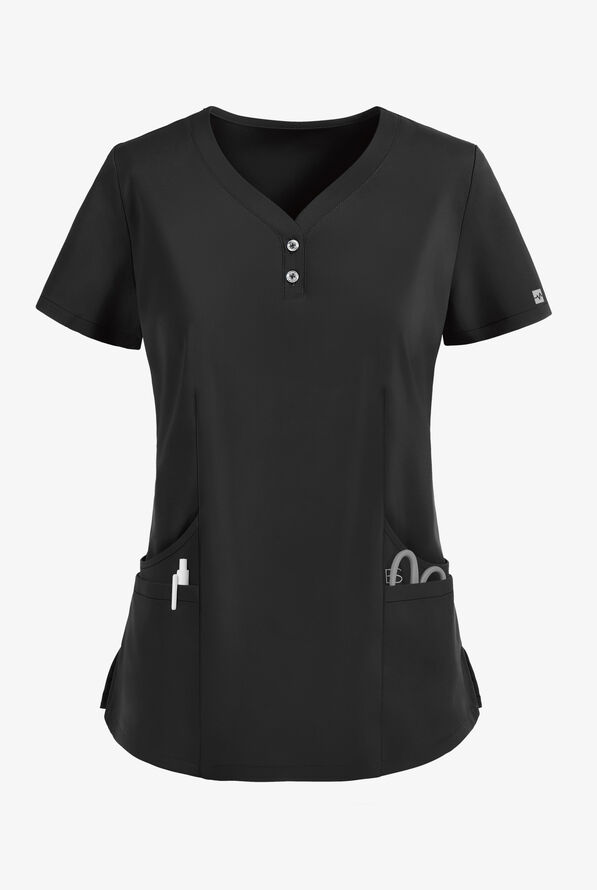 Easy STRETCH Demi Women's 4-Pocket Henley Scrub Top - Onyx Black - 1
