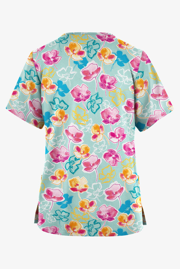 Butter-Soft Originals Spring Poppies Salt Blue Women's 2-Pocket V-Neck Print Scrub Top - null - 2