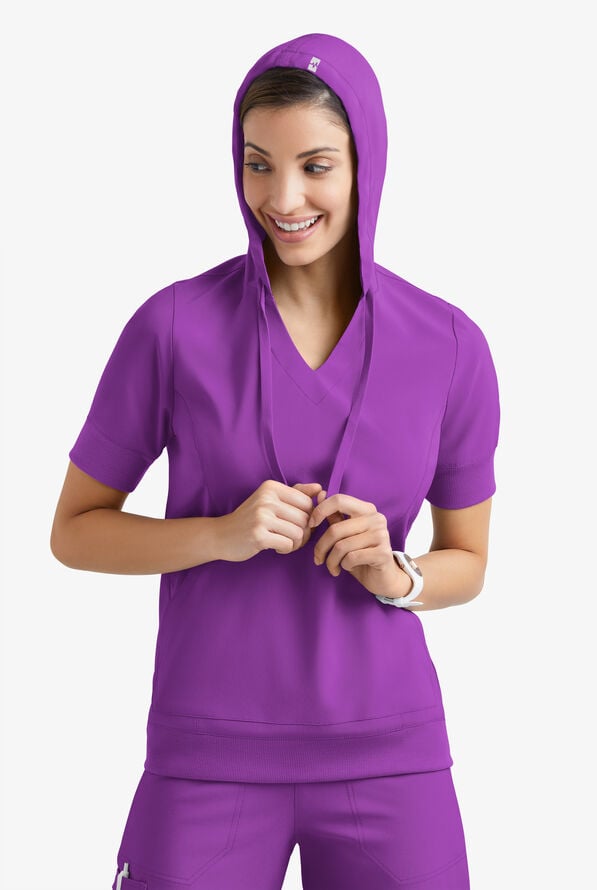 Easy STRETCH True Women's 3-Pocket Short Sleeve Pull-Over Scrub Hoodie - Fresh Purple - 3