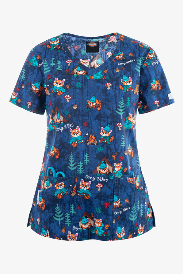 Dickies EDS Cozy Vibes Pandas Women's 4-Pocket STRETCH V-Neck Print Scrub Top - null - 1