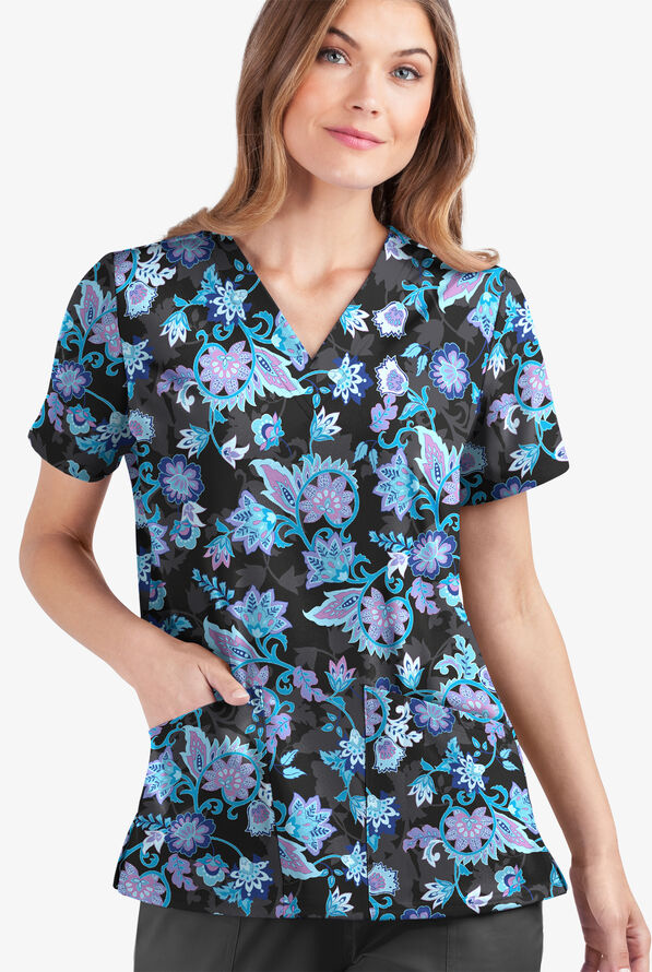 Butter-Soft STRETCH Jacobean Spring Women's 2-Pocket V-Neck Print Scrub Top - null - 2