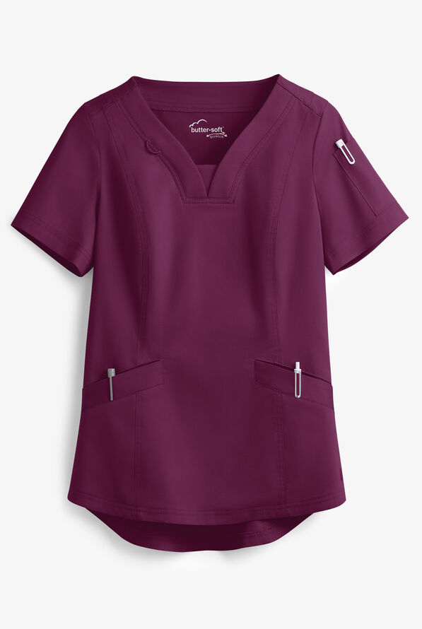 Butter-Soft STRETCH Women's 4-Pocket Feminine Curved V-Neck Scrub Top - Wine - 1