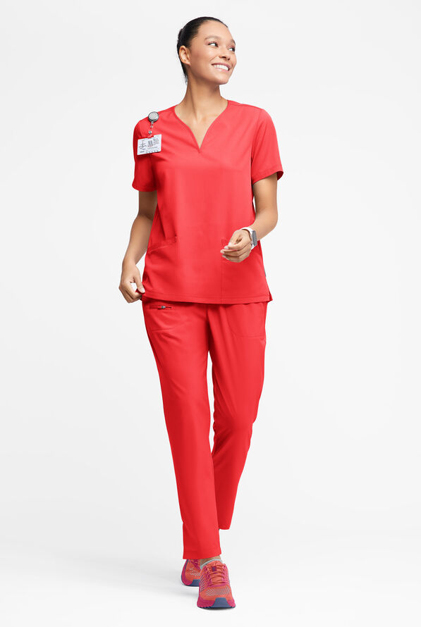 WhisperLite Dahlia Women's 4-Pocket Stretch Notched Neck Scrub Top - Diva Red - 3