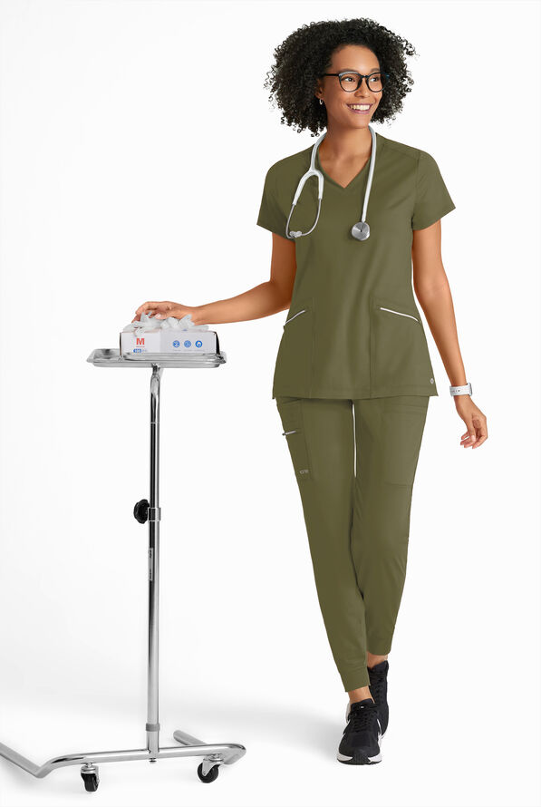 Barco One Performance Knit Victory Women's 2-Pocket STRETCH V-Neck Scrub Top - Olive - 4