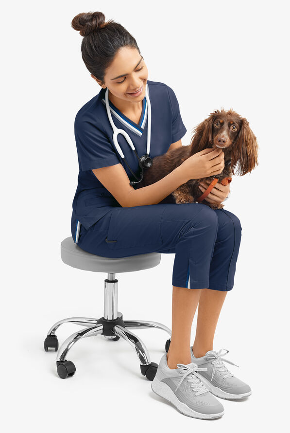 Butter-Soft STRETCH Women's 5-Pocket Short Sleeve V-Neck with Sport Trim Detail Scrub Top - Navy - 8