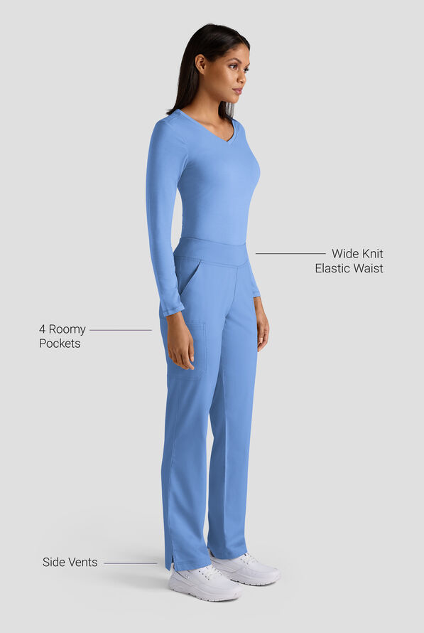 Butter-Soft STRETCH FLXTEK+ Women's 4-Pocket Knit Waistband Yoga Scrub Pants - Ceil Blue - 3