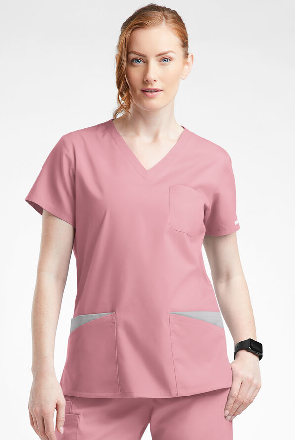 Butter-Soft Originals Women's 7-Pocket Curved V-Neck Scrub Top - Cosmo Pink / Silver - 2