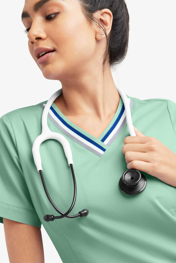 Butter-Soft STRETCH Women's 5-Pocket Short Sleeve V-Neck with Sport Trim Detail Scrub Top - Water Mint - 5
