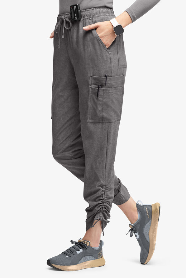 Easy STRETCH Halle Women's 11-Pocket Ruched Leg Jogger Scrub Pants - Petite - Graphite Heather - 1