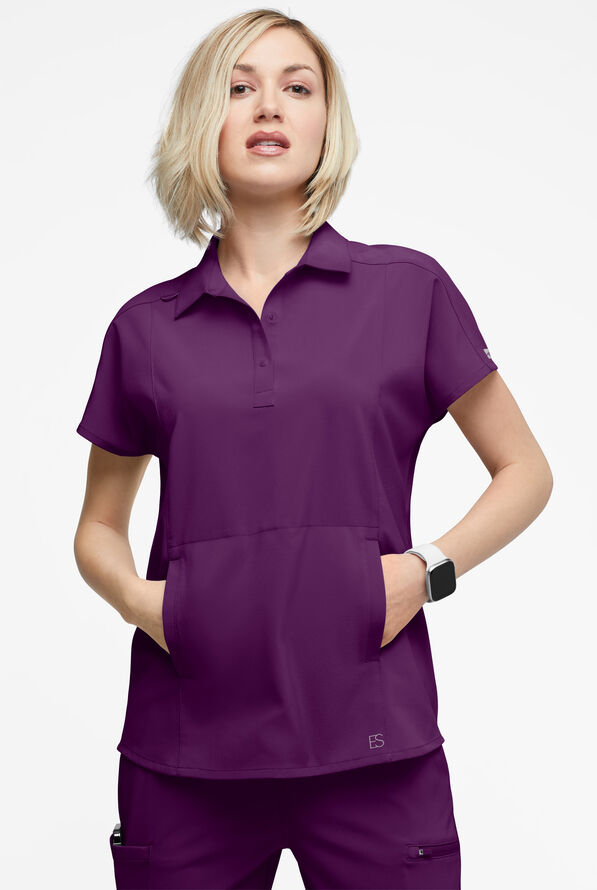 Easy STRETCH LEA Women's 3-Pocket Polo Collar Scrub Top - Eggplant - 2