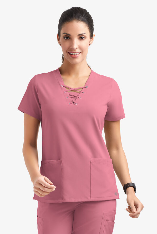 Easy STRETCH Gisele Women's 4-Pocket Lace Up V-Neck Scrub Top - Tea Rose - 2