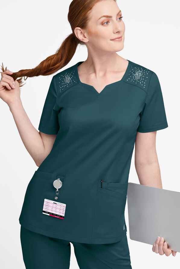 Blusa m&eacute;dica UA Butter-Soft STRETCH Crystal Bling con 6 bolsillos para mujer - Caribbean Blue - 5