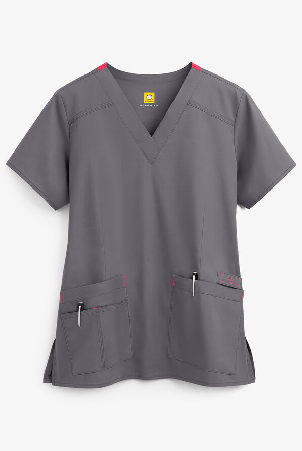 WonderWink WonderFLEX Verity Women's 4-Pocket STRETCH Cotton Rich V-Neck Scrub Top - Pewter/Papaya - 1