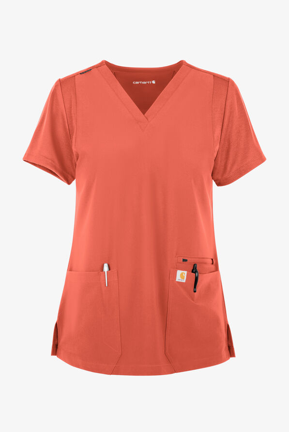 Carhartt Cross-Flex Force Women's 3-Pocket STRETCH Knit Panel Scrub Top - Dusty Cedar - 1