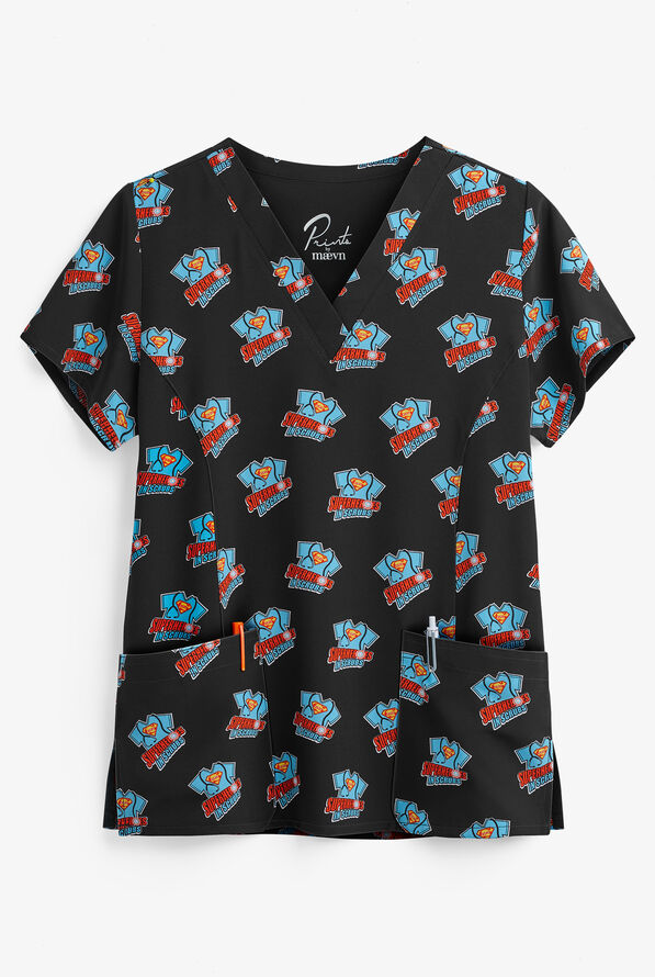 Maevn Superhero Women's 3-Pocket V-Neck Print Scrub Top - null - 1