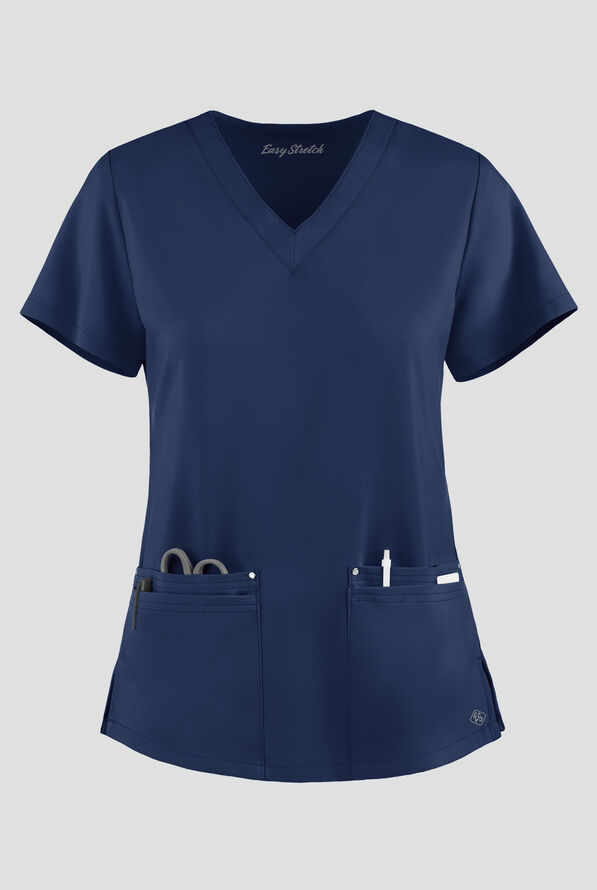 Easy STRETCH Lina Mitered Women's 4-Pocket V-Neck Scrub Top - Navy - 1