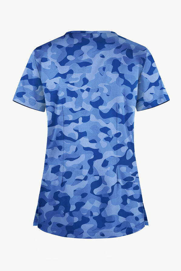 Butter-Soft STRETCH Camo Puzzle Royal Women's 1-Pocket V-Neck Print Scrub Top - null - 2