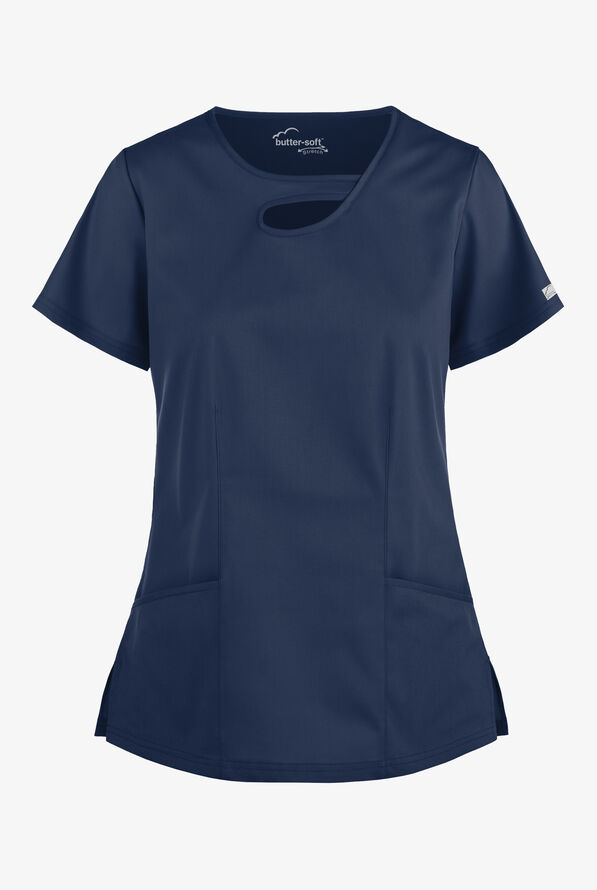 Butter-Soft STRETCH Women's 2-Pocket Asymmetric Keyhole Scrub Top - Navy - 1