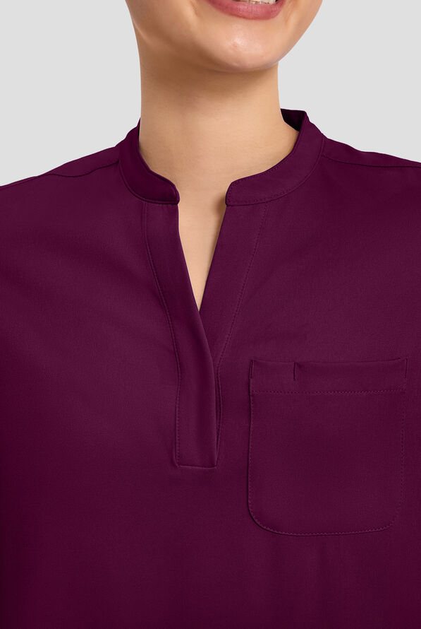 HH Works by Healing Hands Macy Women's 1-Pocket STRETCH Mandarin Collar Tuck In Scrub Top - Wine - 3