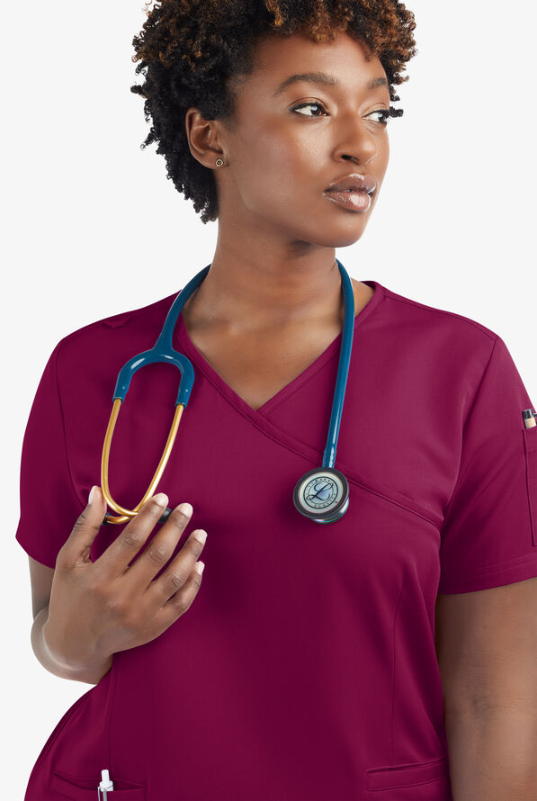 Butter-Soft Women's 5-Pockets Faux Wrap Scrub Top **Slightly IRREGULAR** - Wine - 5
