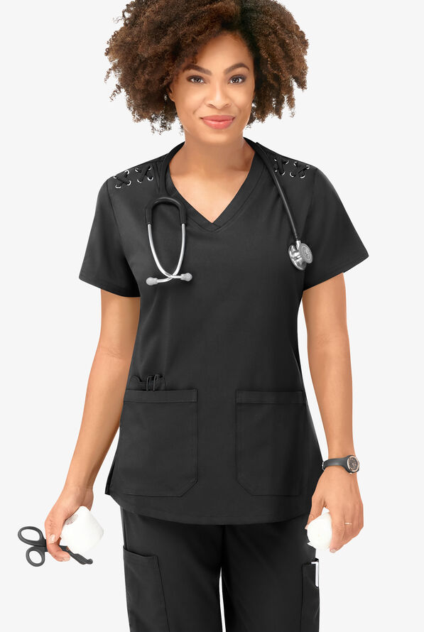 Blusa m&eacute;dica Easy STRETCH Leila con ojales con lazos y 3 bolsillos para mujer - Onyx Black - 5