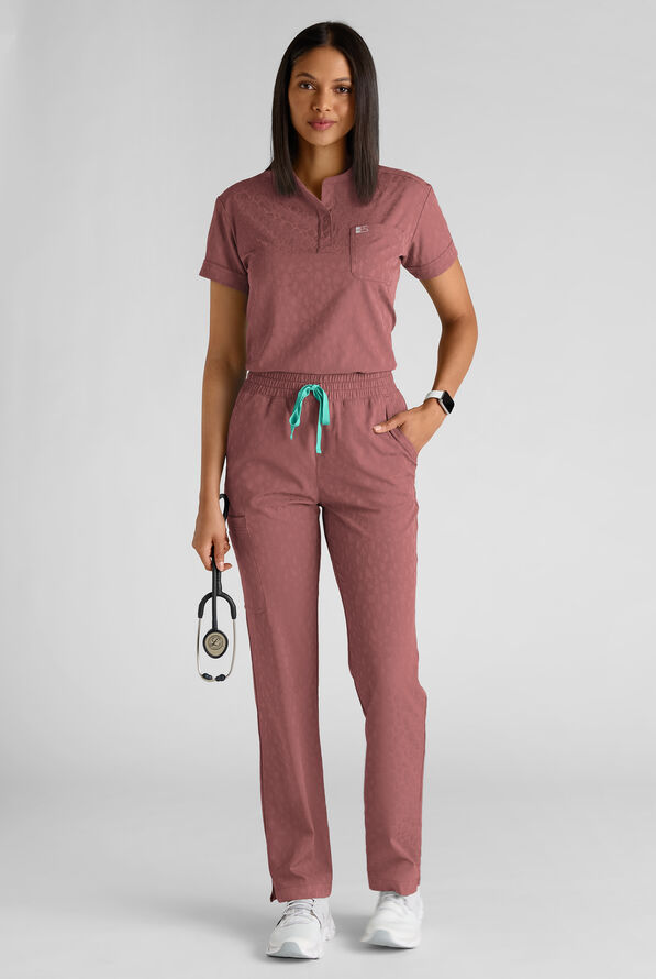 Easy STRETCH Bella Women's Jacquard 1-Pocket Henley Scrub Top - Soft Chestnut - 6