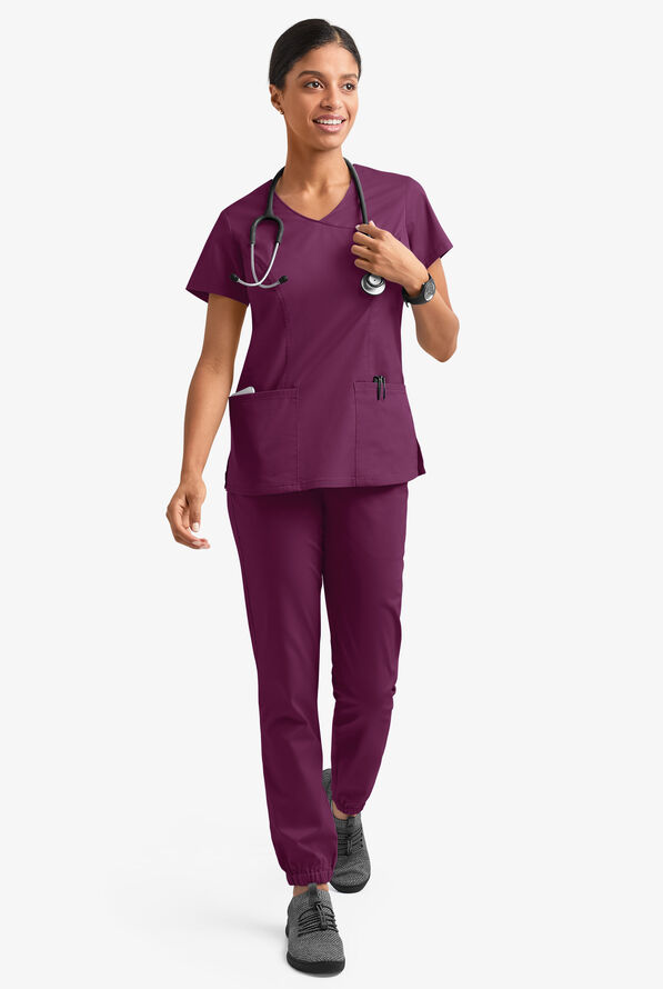 Butter-Soft STRETCH Women's 3-Pocket V-Neck Mock Wrap Scrub Top - Wine - 6