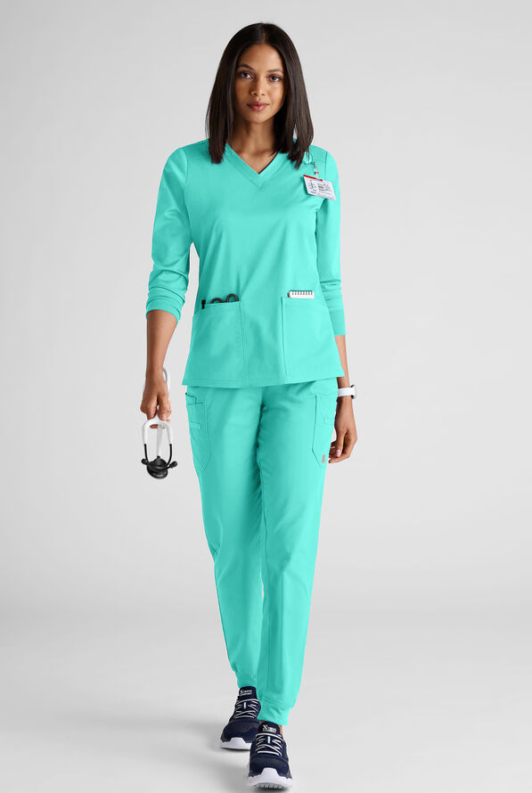 Butter-Soft STRETCH Women's 5-Pocket 3/4" Sleeve V-Neck Scrub Top - Aqua Dust - 3